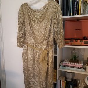 Gold lace 3/4 sleeve sheath knee length dress